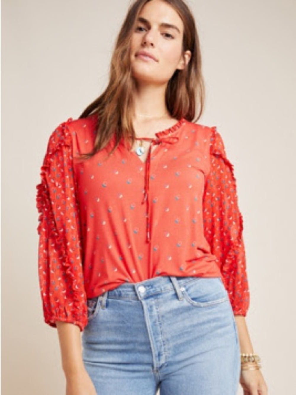 Anthropologie Maeve Red Jacquin Peasant Blouse